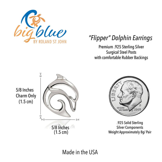 Big Blue by Roland St John - Dolphin Post Earrings Sterling Silver- Dolphin Stud Earrings for Women, Dolphin Charm Earrings, Dolphin Stud Earrings Sterling Silver