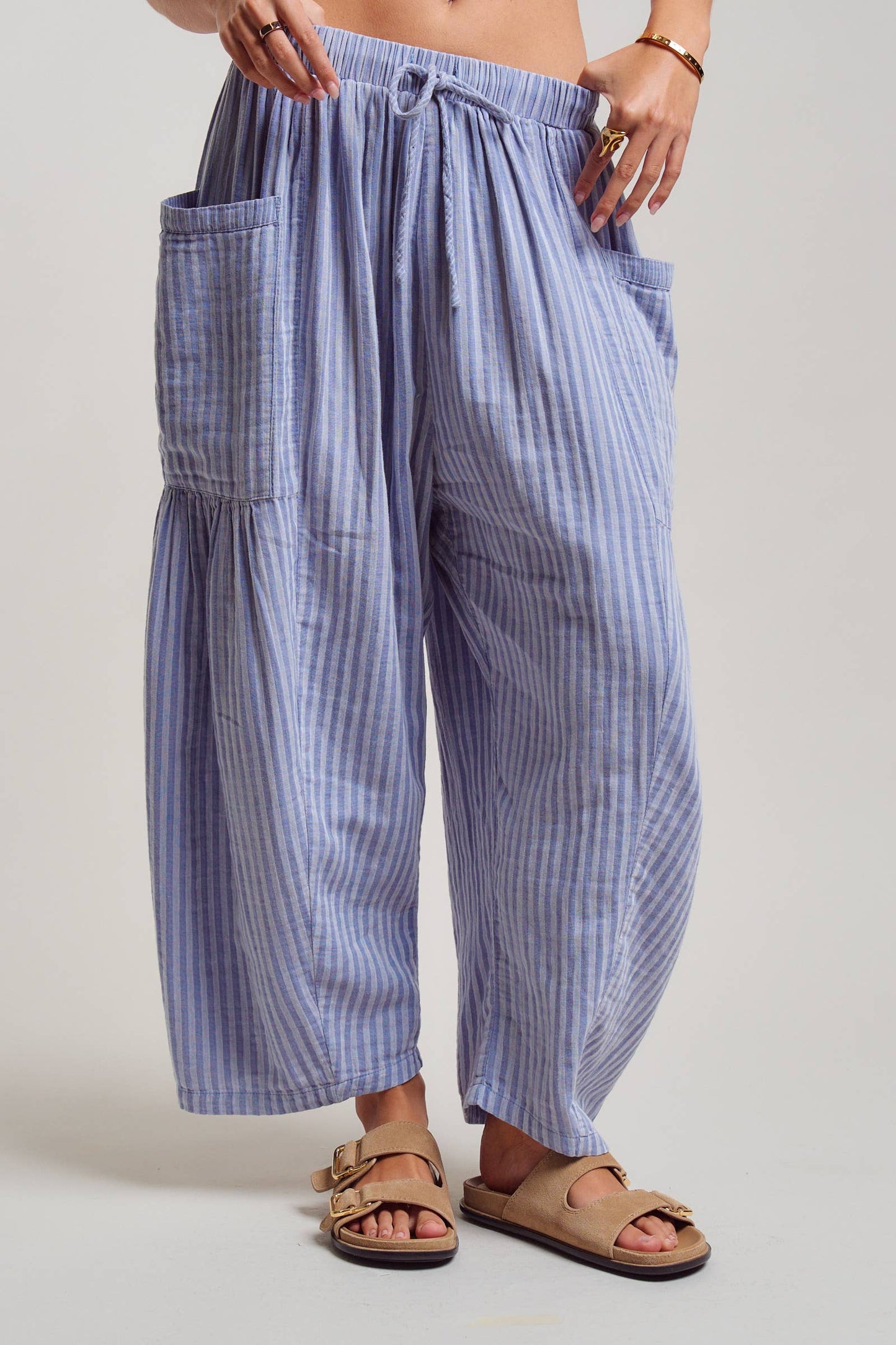 Urban Daizy - Striped Cotton Drawstring Harem Pants