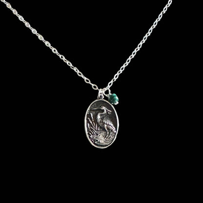 Jackie Gallagher Designs - Handmade Coastal Jewelry - Blue Heron with Malachite Necklace, sterling silver