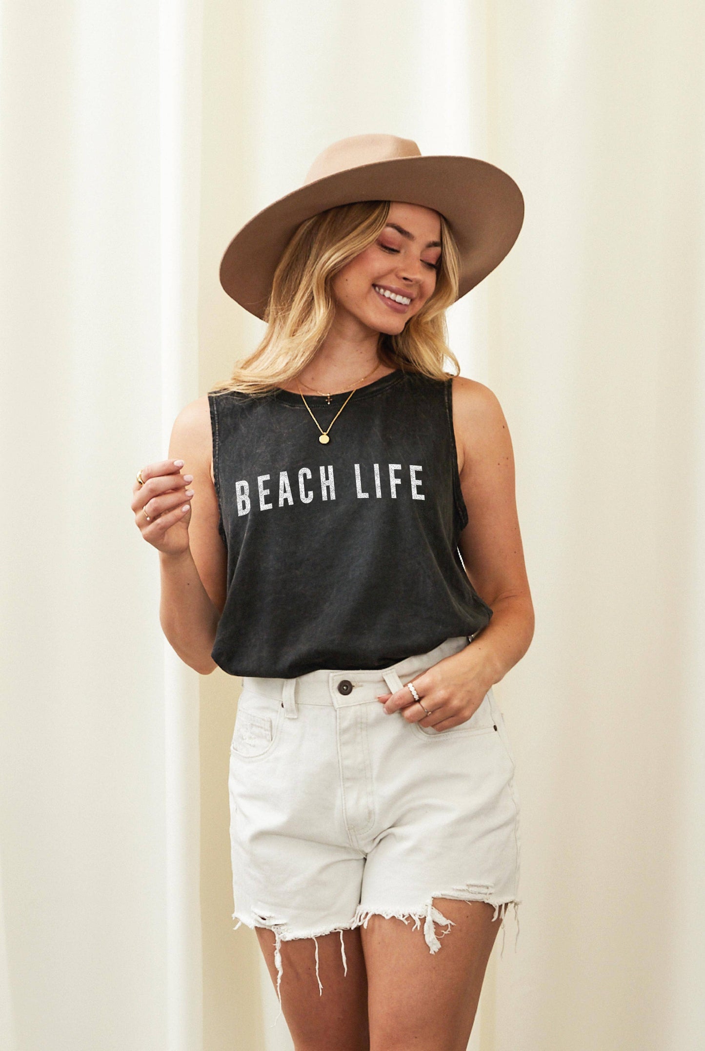 OAT COLLECTIVE - BEACH LIFE Mineral Graphic Tank Top: CREAM / LARGE