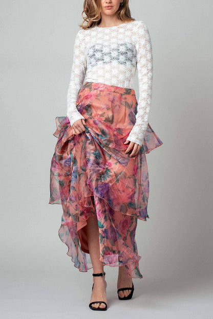 Sheer Floral Print Tiered Organza Maxi Skirt