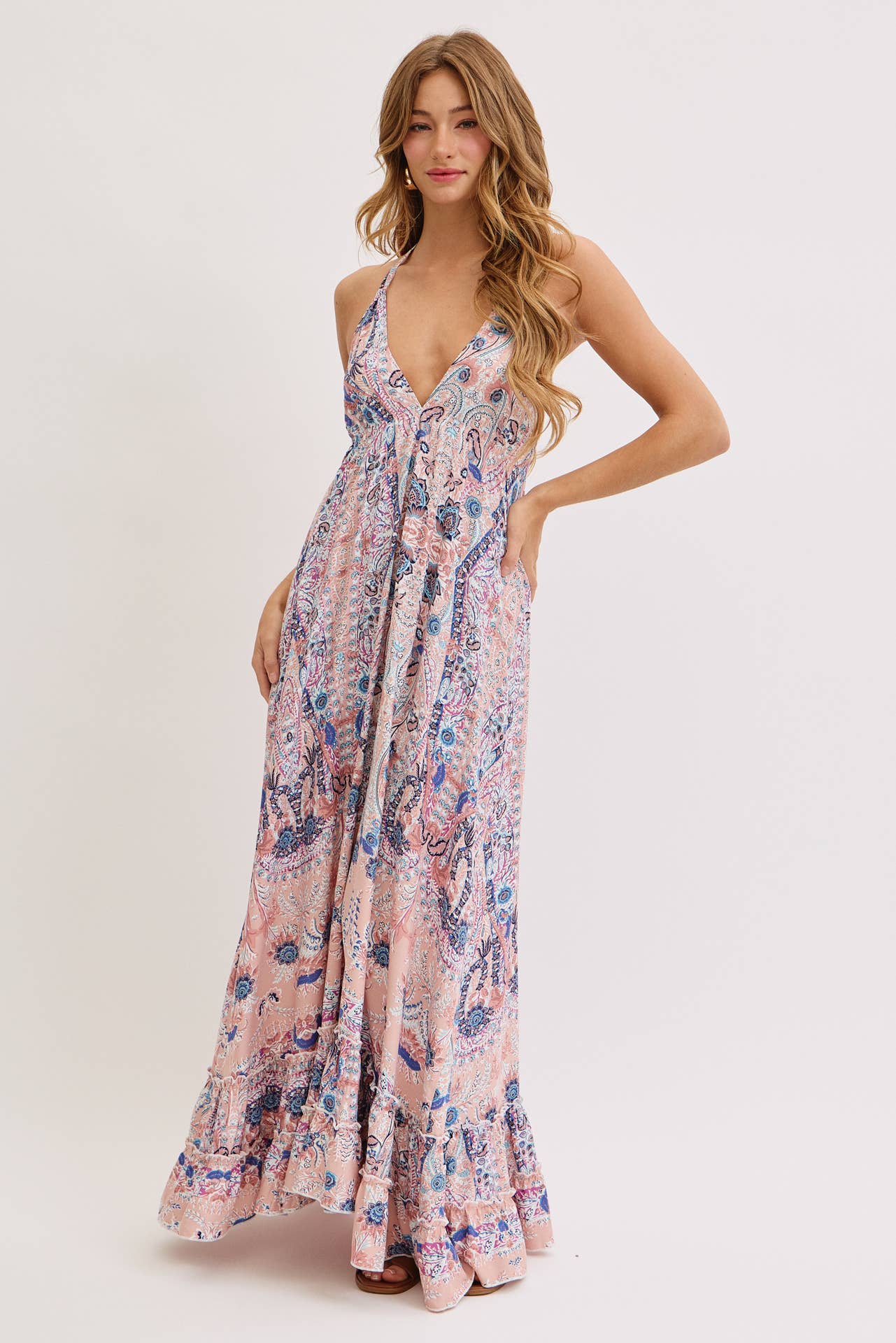 Sweet Lovely by Jen - BOHEMIAN FLORAL PRINT HALTER FLORAL  MAXI DRESS