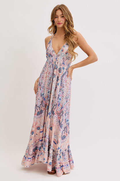 Sweet Lovely by Jen - BOHEMIAN FLORAL PRINT HALTER FLORAL  MAXI DRESS