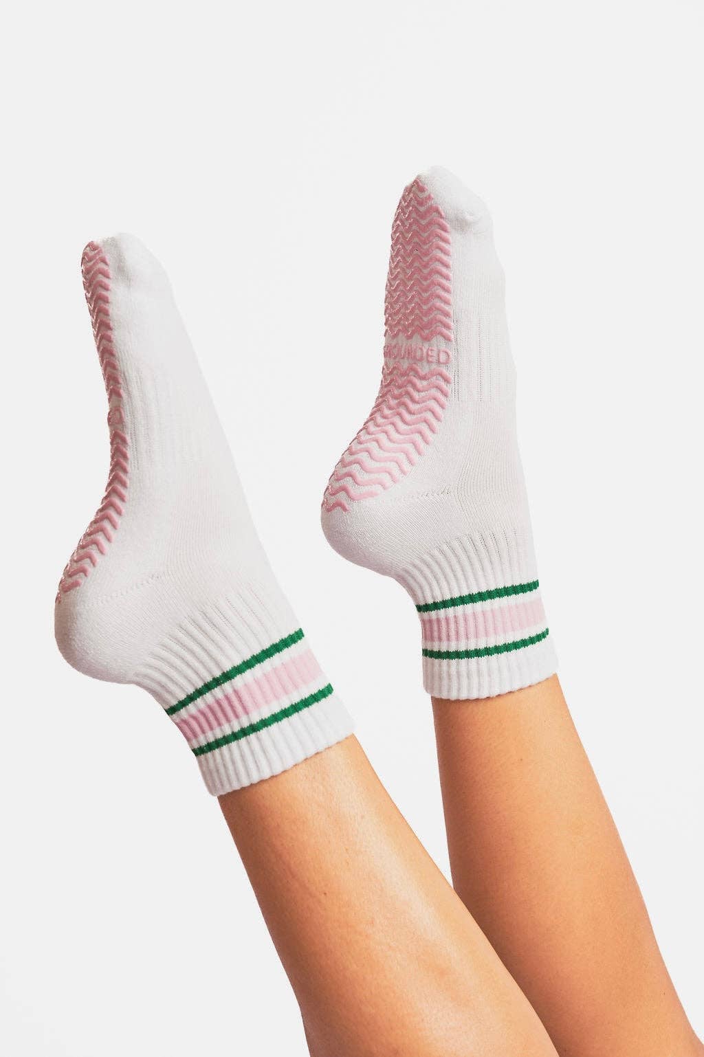 Grounded Grip Socks - White Crew Striped Grip Socks for Pilates, Barre, Lagree