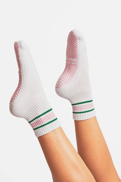 Grounded Grip Socks - White Crew Striped Grip Socks for Pilates, Barre, Lagree