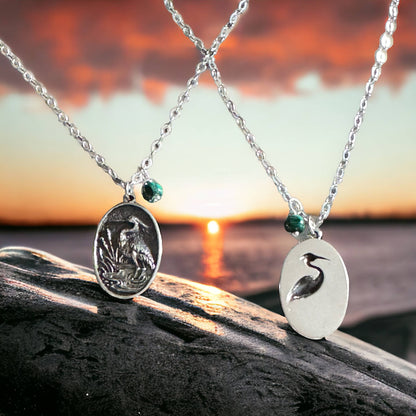 Jackie Gallagher Designs - Handmade Coastal Jewelry - Blue Heron with Malachite Necklace, sterling silver