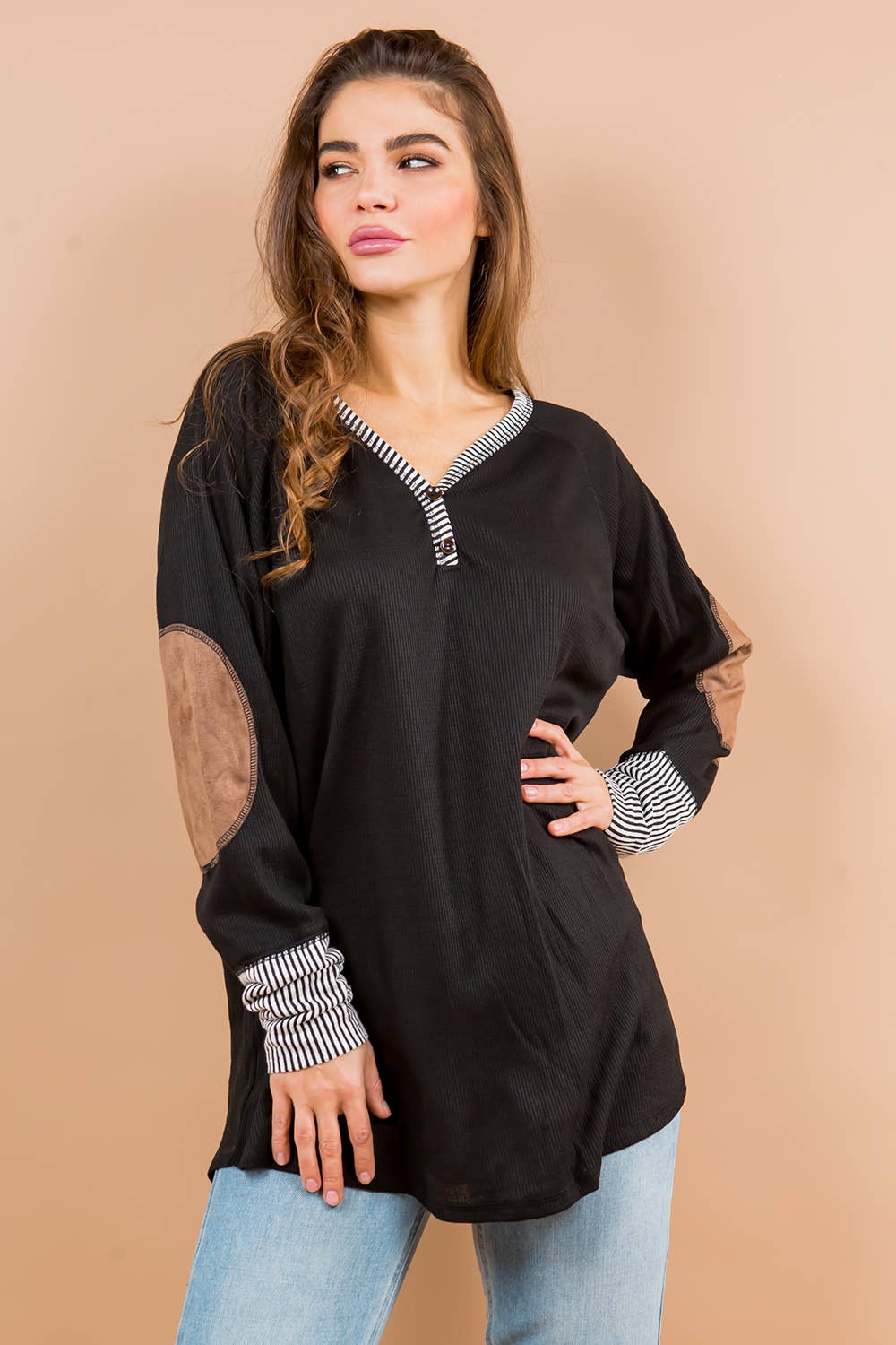 Orange Farm Clothing - Oversized Elbow Patch Tunic-2 Colors: BLACK / X-LARGE