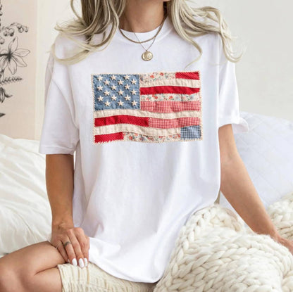 Rosa Clothing - American Flag Faux Texture Patchwork Print T-Shirt