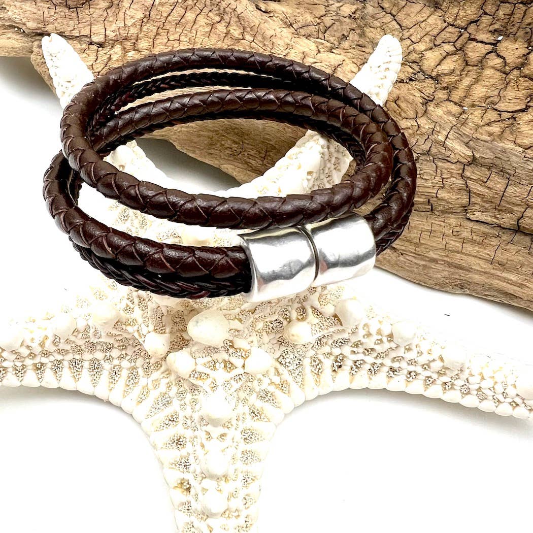 Handmade Coastal Jewelry - Double Braided Leather Wrap Bracelet