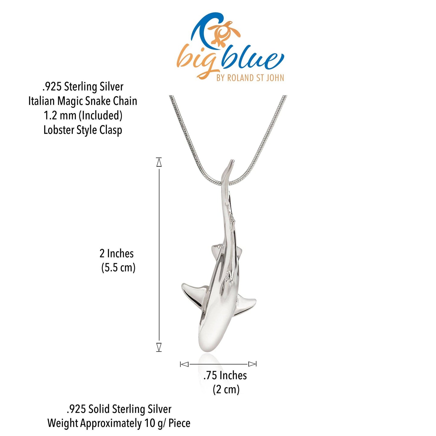 Big Blue by Roland St John - Shark Necklace for Women Sterling Silver- Grey Reef Shark Necklace for Women, Sterling Silver Reef Shark Necklace, Shark Jewelry, Shark Pendant