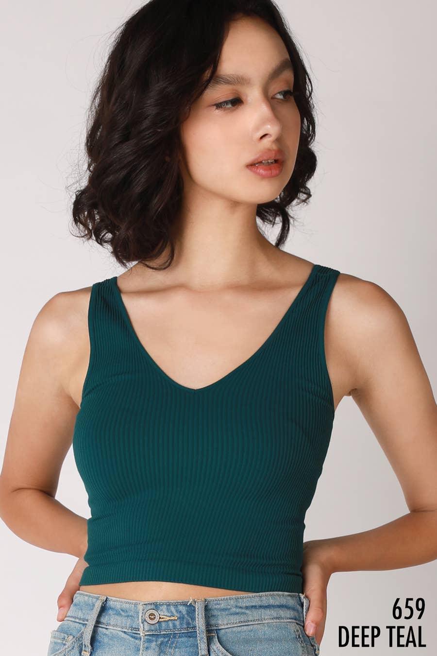 NIKIBIKI - NS7575 - V Neck Ribbed Crop Top: 2128 Desert Sage