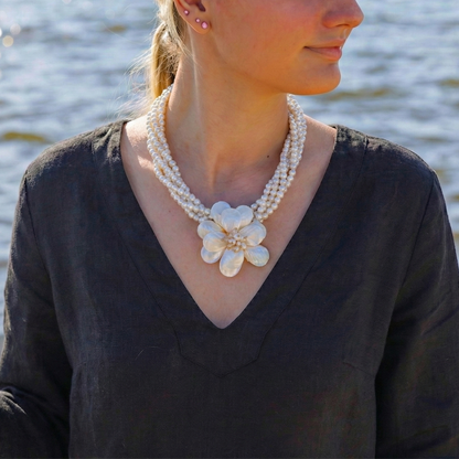 Bijoux Envie Statement Jewelry - Mother of Pearl Flower Necklace | Handmade Statement Jewelry