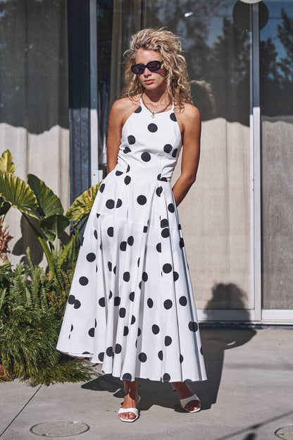 Urban Daizy - Polka Dot Halter Cotton Maxi Dress Smocked Back