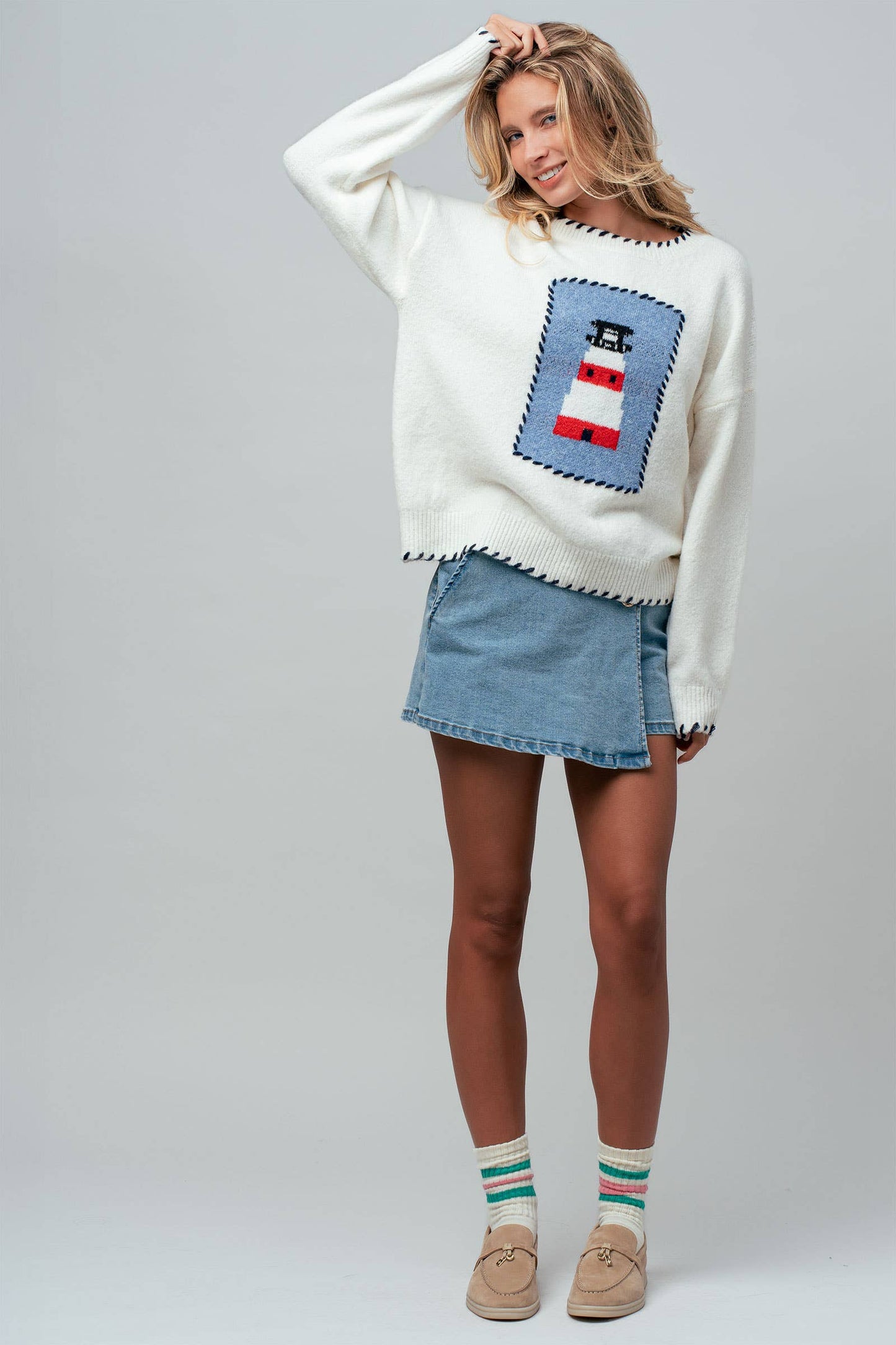Whipstitch Trim Lighthouse Knit Sweater