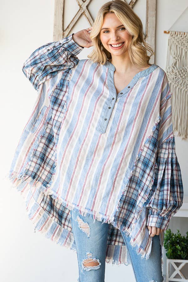 Oli&Hali - MINERAL WASHED FABRIC MIXED HENREY TOP - JT0013: BLUE COMBO / OS