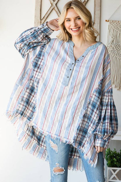 Oli&Hali - MINERAL WASHED FABRIC MIXED HENREY TOP - JT0013: BLUE COMBO / OS