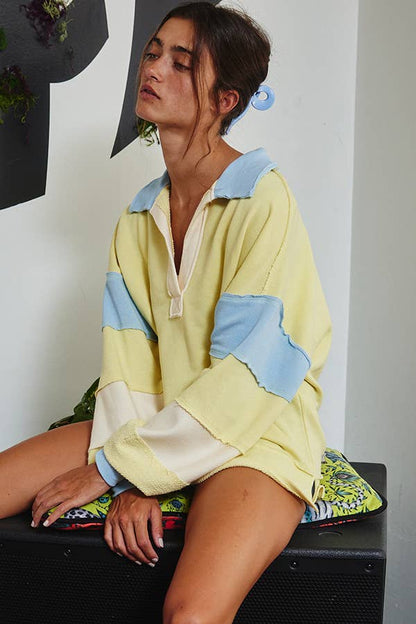 BUCKETLIST - T2004E French Terry Color-block Collared Loose Fit Top: YELLOW/BABYBLUE / S-M-L (2-2-2)