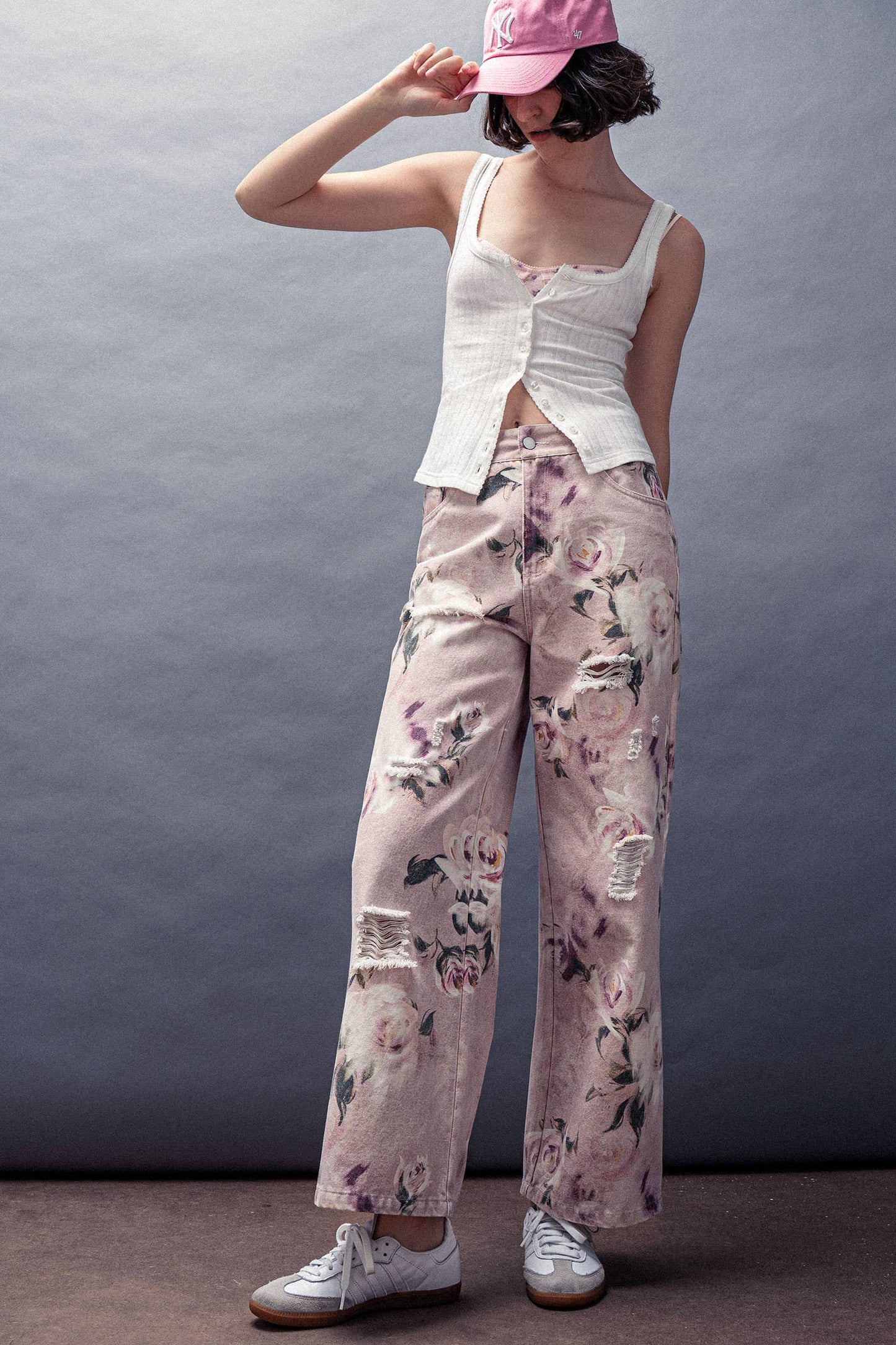 Urban Daizy - Romantic Rose Print High-Rise Denim Pants