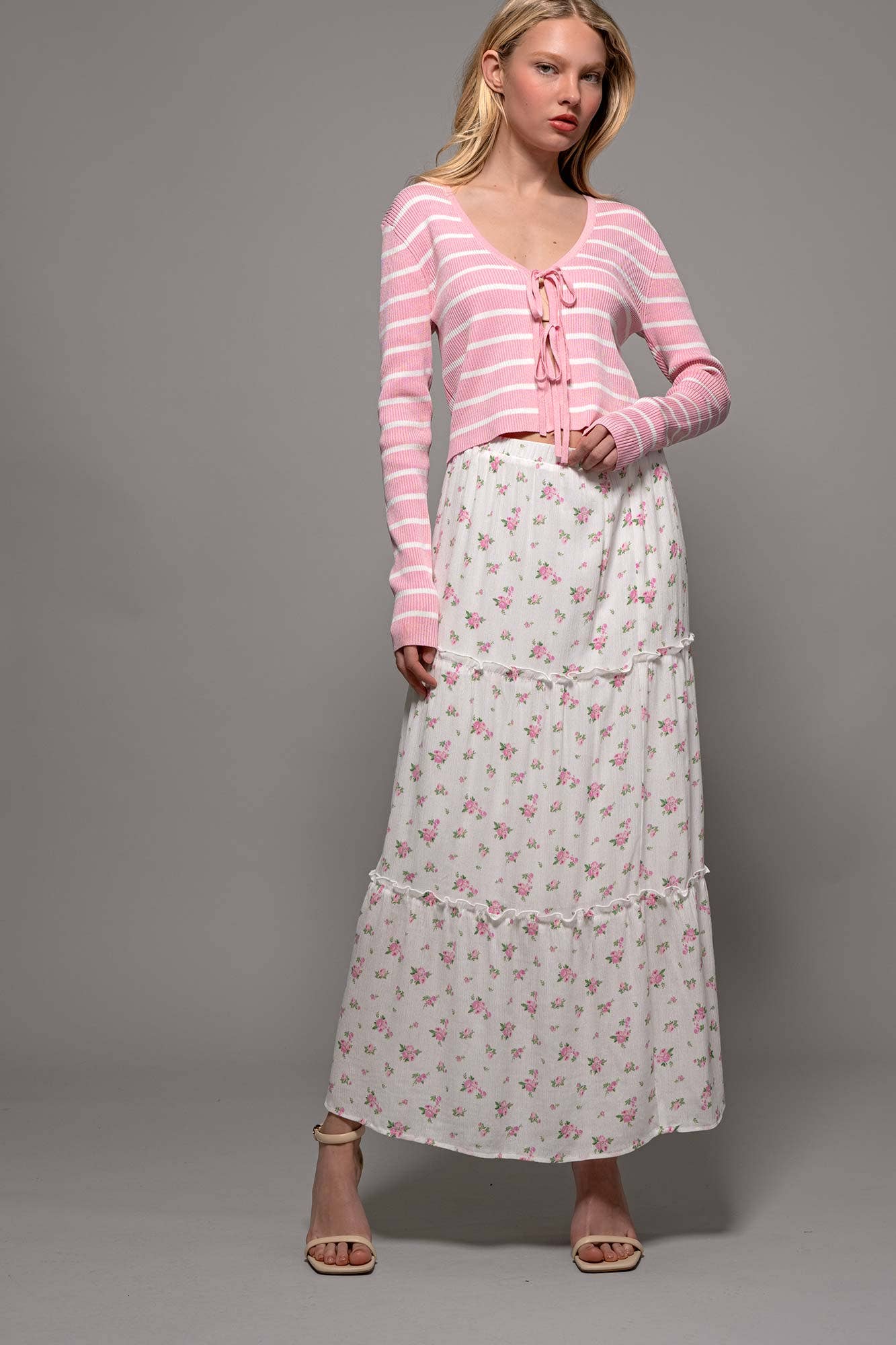 Urban Daizy - Rose Print Triple-Tier Ruffle Linen Blend Skirt: PINK / S-2/M-2/L-2