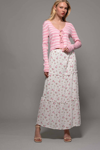 Urban Daizy - Rose Print Triple-Tier Ruffle Linen Blend Skirt: PINK / S-2/M-2/L-2