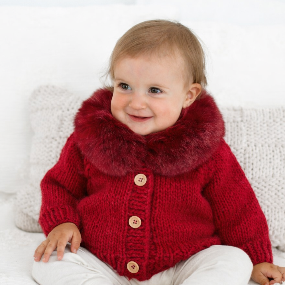 Huggalugs - Fur Collar Crimson Cardigan Sweater for Baby & Toddler