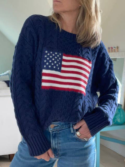 Pink Pineapple - Cotton Flag Aran Knit Sweater in NAVY