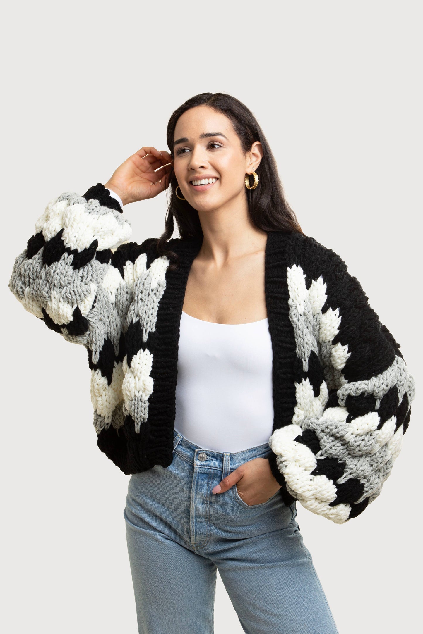 SAACHI - Camila Cropped Knitted Cardigan: Black & White