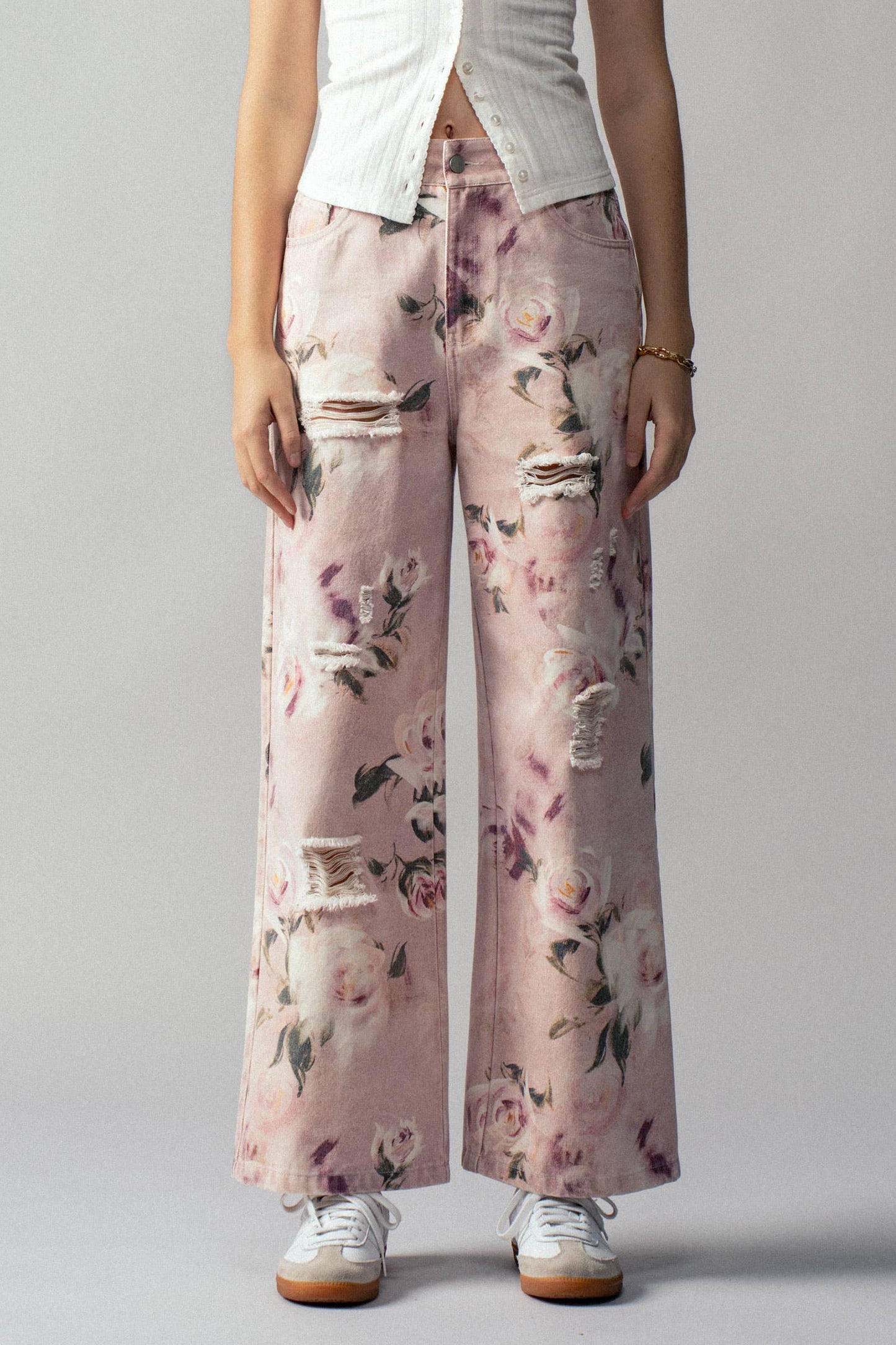 Urban Daizy - Romantic Rose Print High-Rise Denim Pants