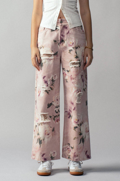 Urban Daizy - Romantic Rose Print High-Rise Denim Pants