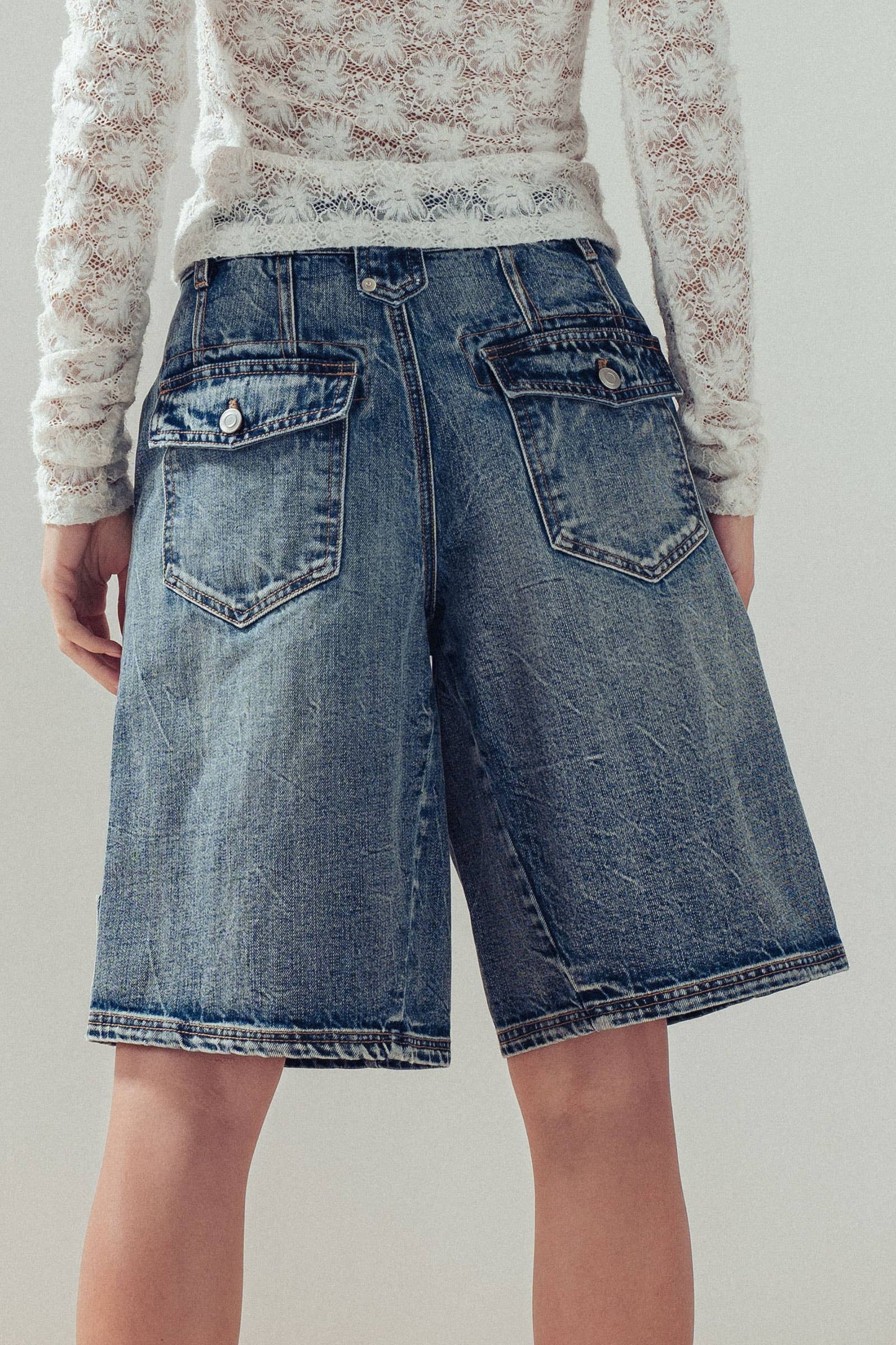 Urban Daizy - Wide-Leg Utility Denim Bermuda Shorts
