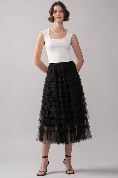 Urban Daizy - Tiered Tulle Midi Skirt with Romantic Ruffles