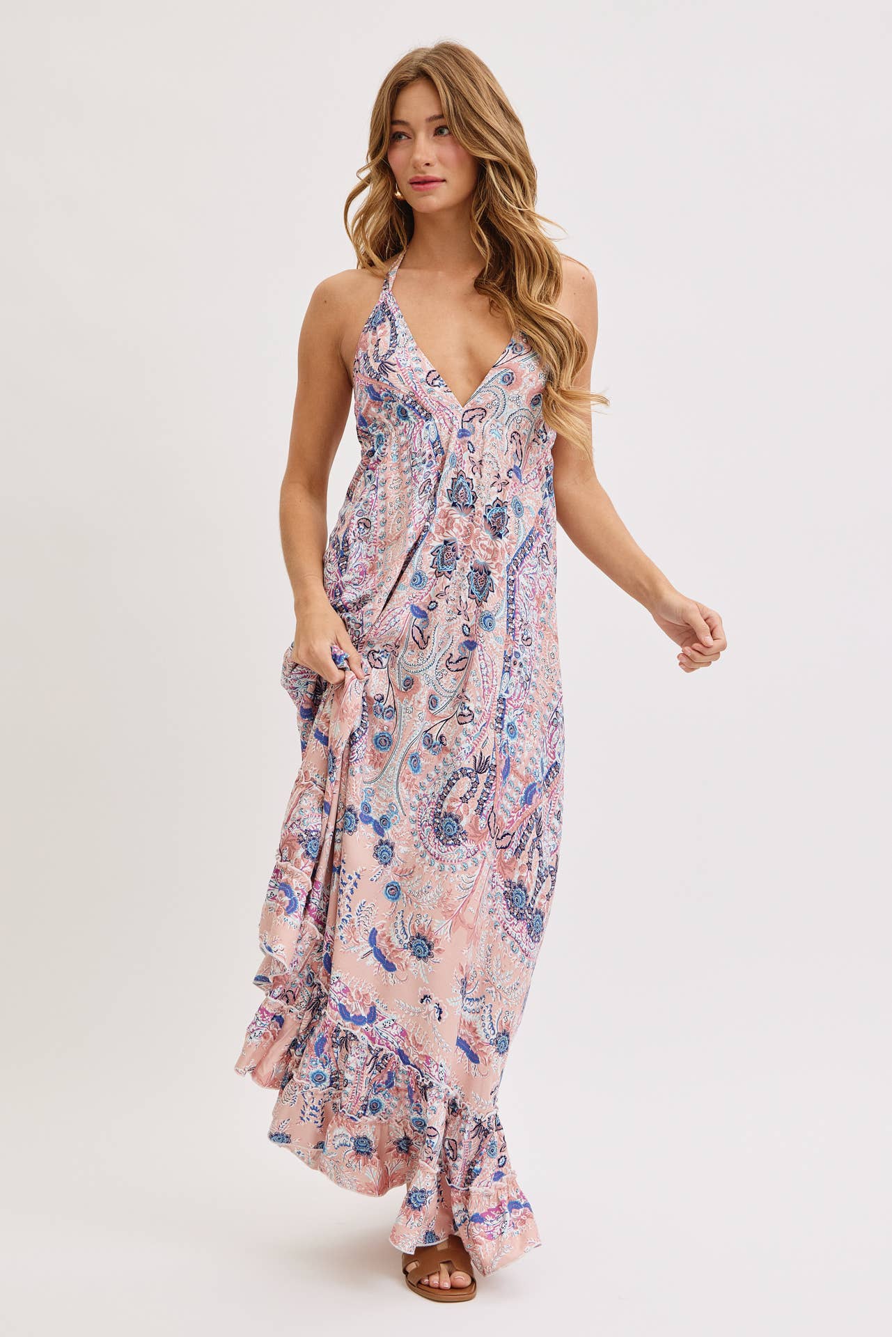 Sweet Lovely by Jen - BOHEMIAN FLORAL PRINT HALTER FLORAL  MAXI DRESS