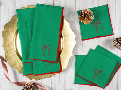 Dot and Army - Green Linen Napkins with Red Bow,  set of four