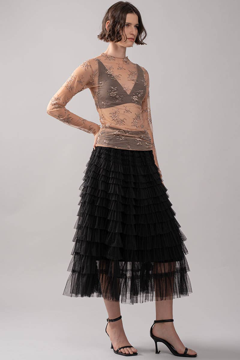 Urban Daizy - Tiered Tulle Midi Skirt with Romantic Ruffles