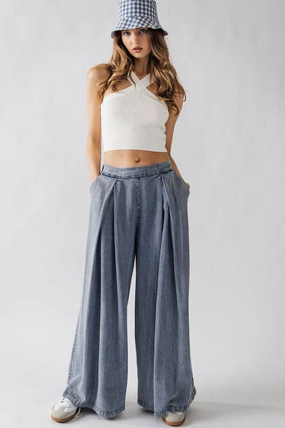 Urban Daizy - HIGH WAISTED PLEAT FRONT WIDE LEG PANTS: YELLOW / S-2/M-2/L-2