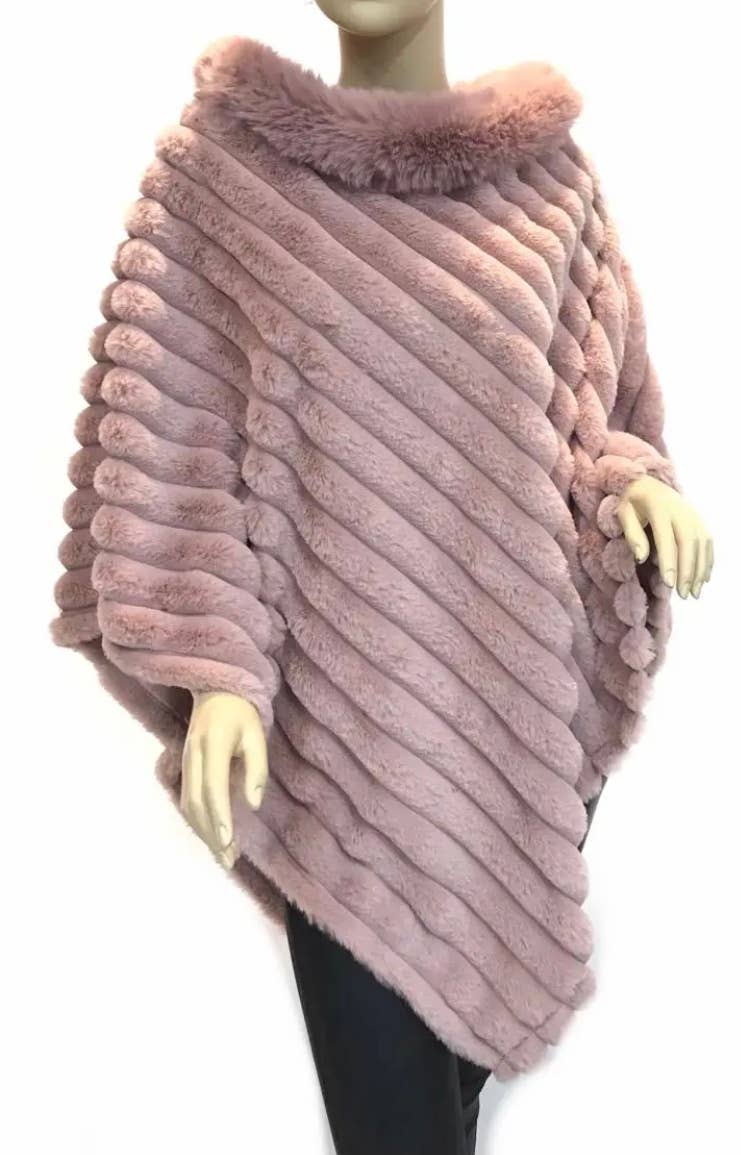LOOWIE - 068 Luxurious Green Faux Fur Ribbed Poncho with Plush Collar: Navy