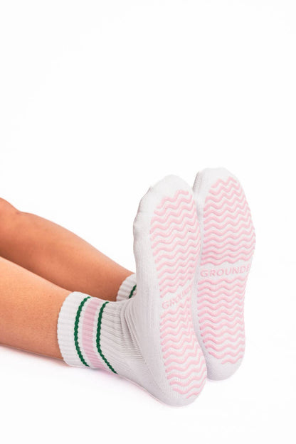 Grounded Grip Socks - White Crew Striped Grip Socks for Pilates, Barre, Lagree