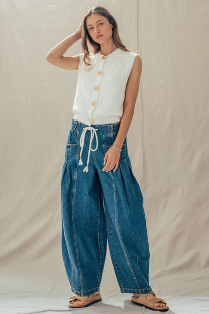 Urban Daizy - Rope Drawstring Balloon Pants Pleated Front