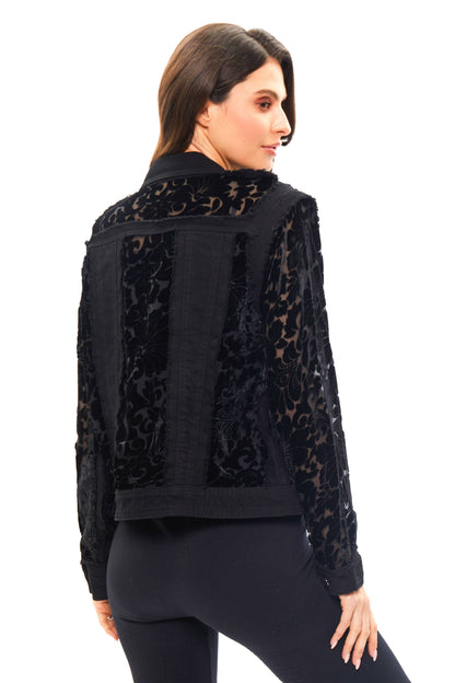 Adore - A7217-72 - Velvet Floral Mesh Denim Jacket: S