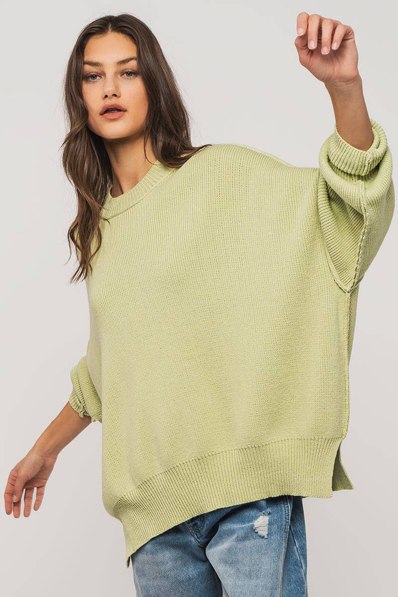 Urban Daizy - OVERSIZED SIDE SLIT CREW NECK COZY SWEATER  : PISTACHIO / S-2/M-2/L-2