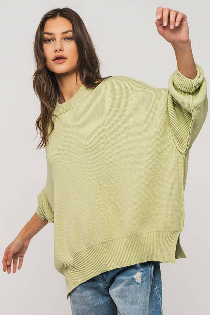 Urban Daizy - OVERSIZED SIDE SLIT CREW NECK COZY SWEATER  : PISTACHIO / S-2/M-2/L-2