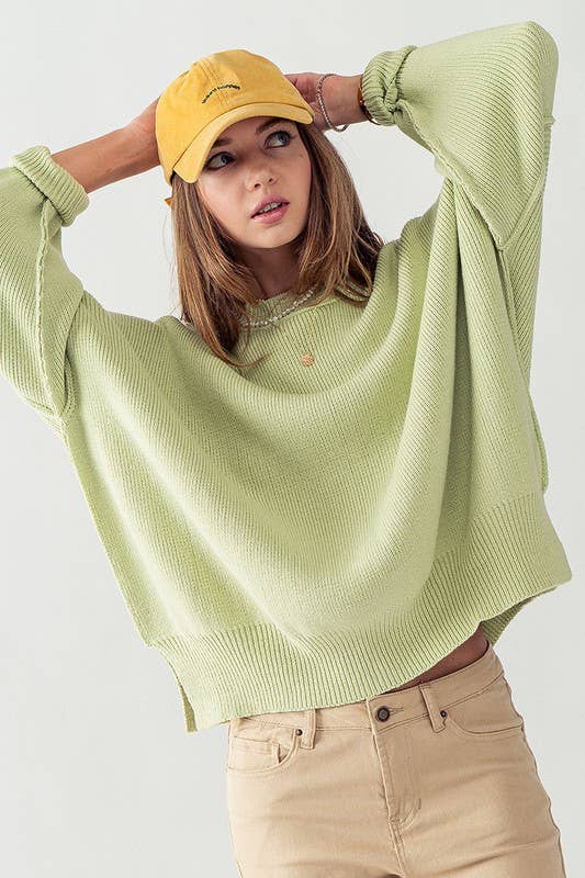 OVERSIZED SIDE SLIT CREW NECK COZY SWEATER: PISTACHIO / S-2/M-2/L-2