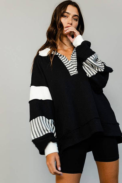 BUCKETLIST - T2004 -French Terry Knit Color-block Collared Loose Fit Top: S-M-L (2-2-2) / IVORY/PINK
