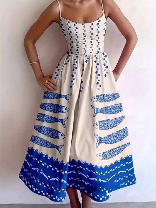 Rosa Clothing - Smocked mackerel print sundress seaside ocean strap dress