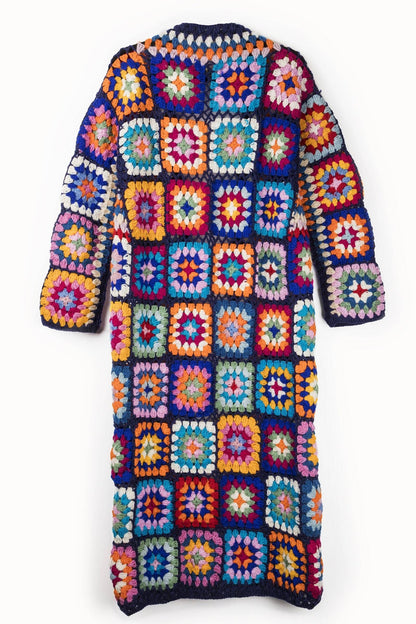 SAACHI - Woolen Granny Square Crochet Kimono: Navy