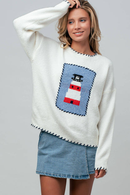 Whipstitch Trim Lighthouse Knit Sweater