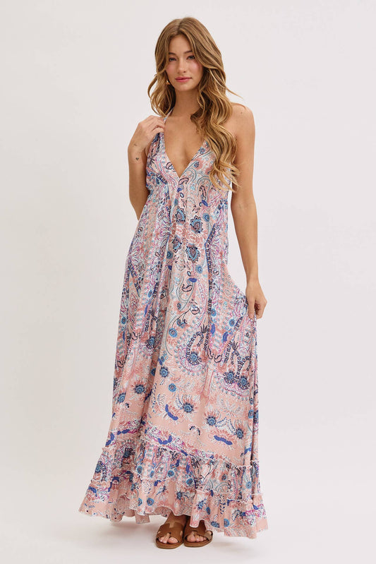 Sweet Lovely by Jen - BOHEMIAN FLORAL PRINT HALTER FLORAL  MAXI DRESS