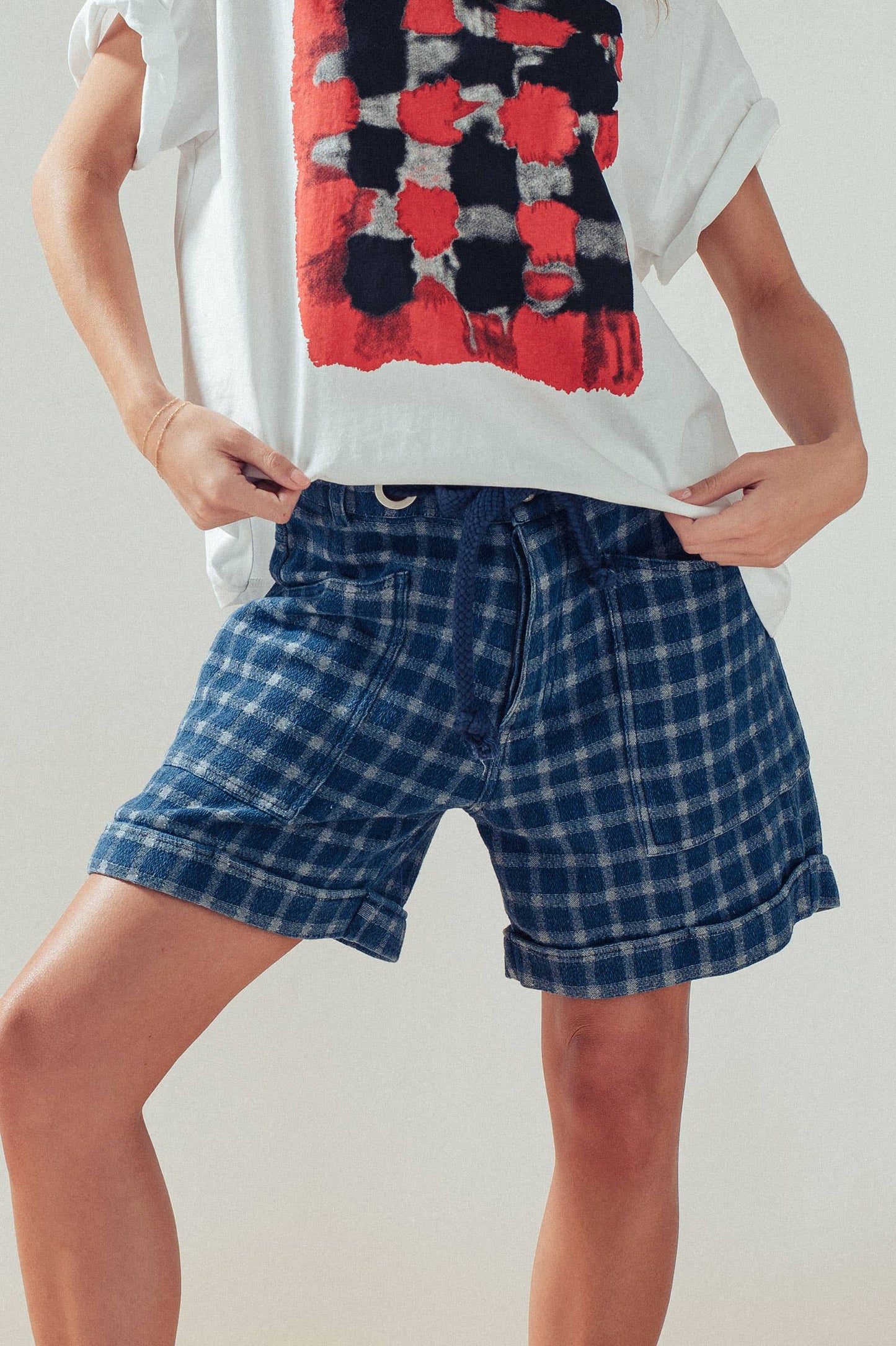 Urban Daizy - Plaid Cotton Blend Shorts Rope Drawstring