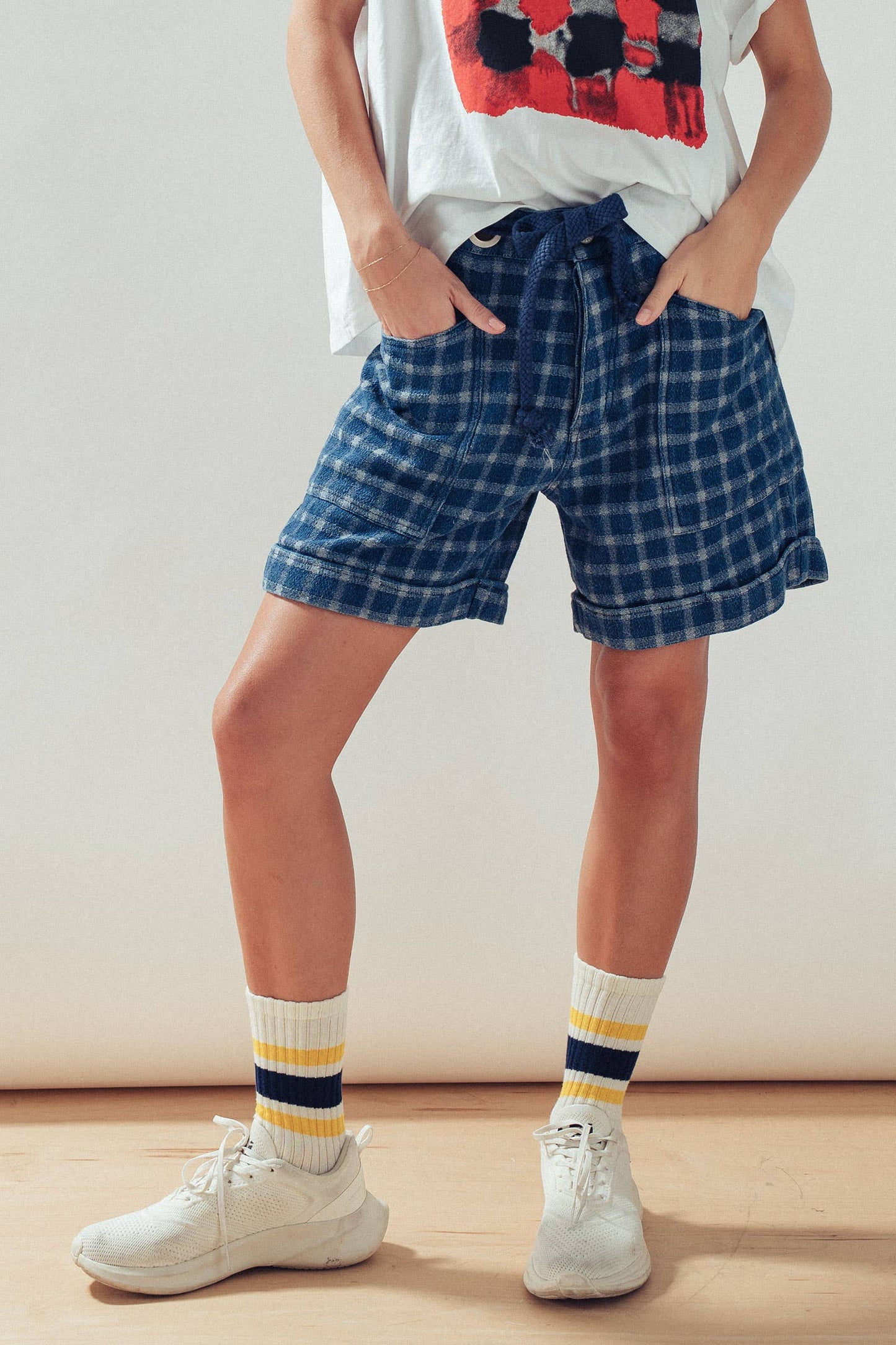 Urban Daizy - Plaid Cotton Blend Shorts Rope Drawstring