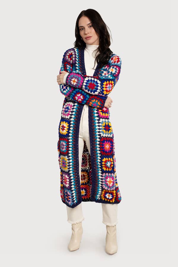 SAACHI - Woolen Granny Square Crochet Kimono: Brown